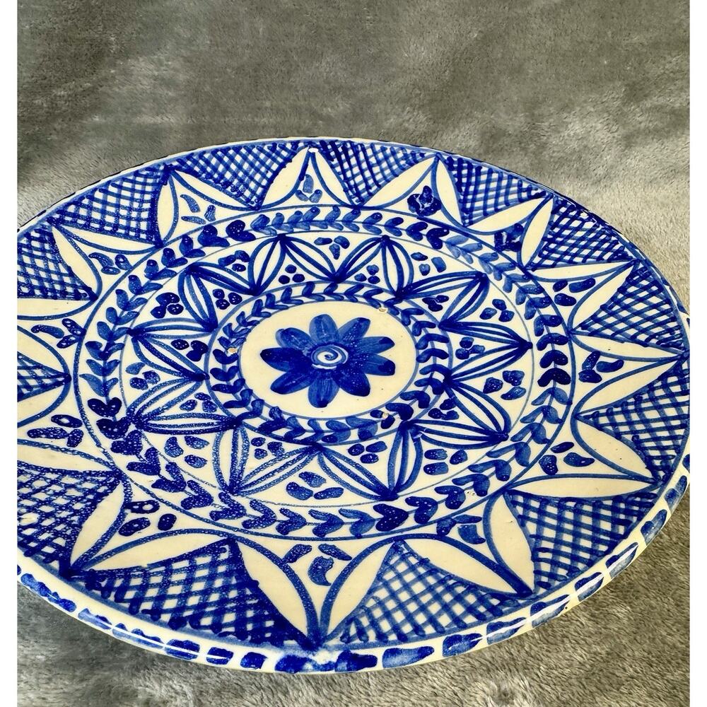 Hand Painted Moroccan Fez Blue And White Pottery Bowl 11“ Ceramic Wall Hanging